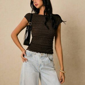 Poéselle Chemise T à dos nu, couleur unie, texturée, avec paillettes et maille, dos ouvert, élégante pour femmes