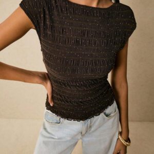 Poéselle Chemise T à dos nu, couleur unie, texturée, avec paillettes et maille, dos ouvert, élégante pour femmes