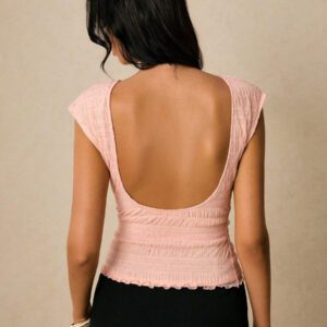 Poéselle Chemise T à dos nu, couleur unie, texturée, avec paillettes et maille, dos ouvert, élégante pour femmes