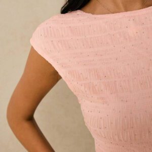 Poéselle Chemise T à dos nu, couleur unie, texturée, avec paillettes et maille, dos ouvert, élégante pour femmes