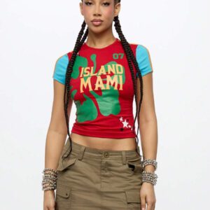 SUMWON WOMEN T-shirt mignon de style rétro pour bébé "Island Mami", top court pour l'été, les vacances à la plage, décontracté, à manches courtes, avec imprimé graphique et détails de numéros