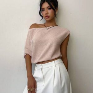 Aloruh T-shirt court à col asymétrique de couleur unie, été pour femmes