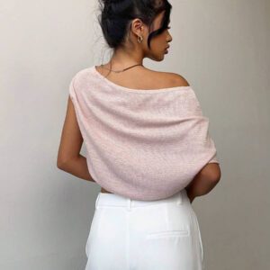 Aloruh T-shirt court à col asymétrique de couleur unie, été pour femmes