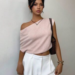 Aloruh T-shirt court à col asymétrique de couleur unie, été pour femmes