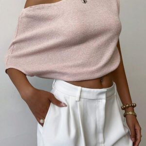 Aloruh T-shirt court à col asymétrique de couleur unie, été pour femmes