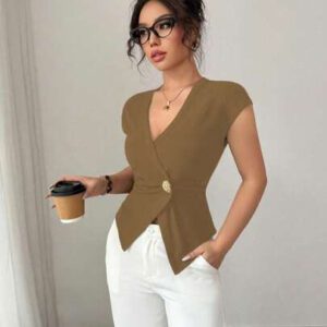 Elenzga Chemise femme de style français à une seule boutonnière, col V asymétrique croisé, taille cintrée