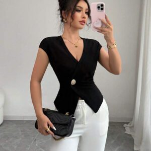 Elenzga Chemise femme de style français à une seule boutonnière, col V asymétrique croisé, taille cintrée