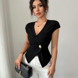 Elenzga Chemise femme de style français à une seule boutonnière, col V asymétrique croisé, taille cintrée