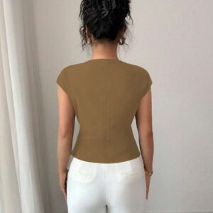 Elenzga Chemise femme de style français à une seule boutonnière, col V asymétrique croisé, taille cintrée