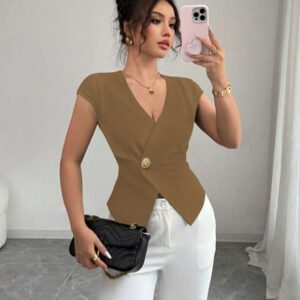 Elenzga Chemise femme de style français à une seule boutonnière, col V asymétrique croisé, taille cintrée