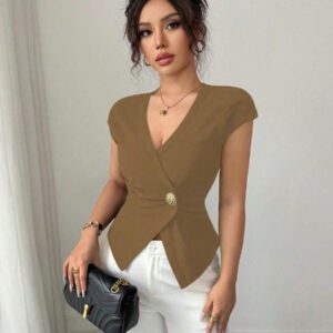 Elenzga Chemise femme de style français à une seule boutonnière, col V asymétrique croisé, taille cintrée