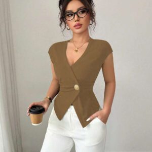 Elenzga Chemise femme de style français à une seule boutonnière, col V asymétrique croisé, taille cintrée