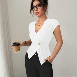Elenzga Chemise femme de style français à une seule boutonnière, col V asymétrique croisé, taille cintrée