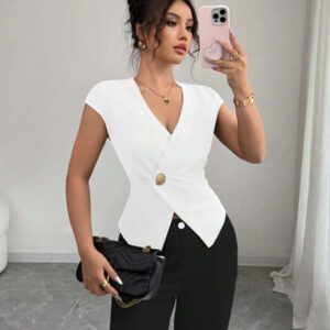 Elenzga Chemise femme de style français à une seule boutonnière, col V asymétrique croisé, taille cintrée