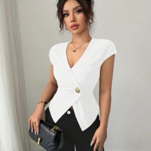 Elenzga Chemise femme de style français à une seule boutonnière, col V asymétrique croisé, taille cintrée