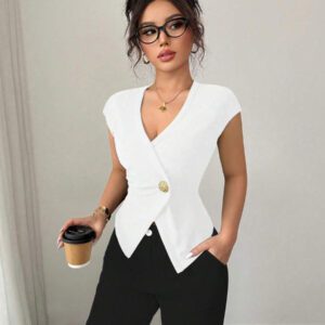 Elenzga Chemise femme de style français à une seule boutonnière, col V asymétrique croisé, taille cintrée