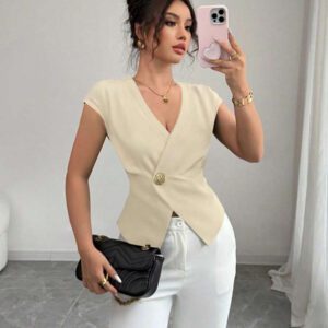 Elenzga Chemise femme de style français à une seule boutonnière, col V asymétrique croisé, taille cintrée