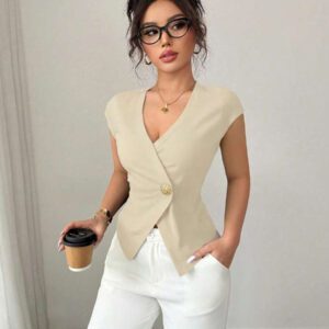 Elenzga Chemise femme de style français à une seule boutonnière, col V asymétrique croisé, taille cintrée