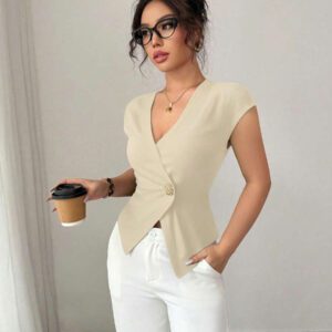 Elenzga Chemise femme de style français à une seule boutonnière, col V asymétrique croisé, taille cintrée