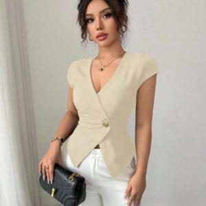 Elenzga Chemise femme de style français à une seule boutonnière, col V asymétrique croisé, taille cintrée