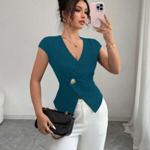 Elenzga Chemise femme de style français à une seule boutonnière, col V asymétrique croisé, taille cintrée