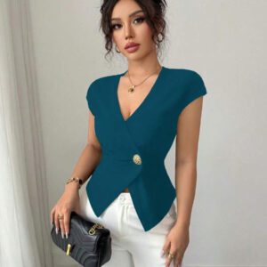 Elenzga Chemise femme de style français à une seule boutonnière, col V asymétrique croisé, taille cintrée