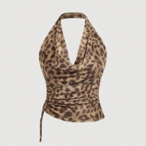 Aveloria Affinna Vintage Random Leopard Print Mesh Fabric Swing Neck Asymmetric Ruched Slim Sexy Halter Top For Women 