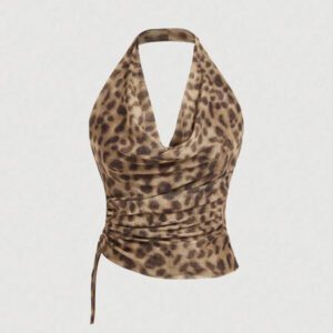 Aveloria Affinna Vintage Random Leopard Print Mesh Fabric Swing Neck Asymmetric Ruched Slim Sexy Halter Top For Women 