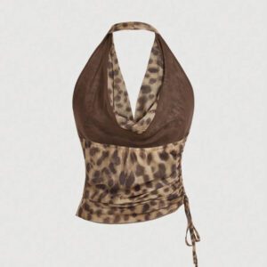 Aveloria Affinna Vintage Random Leopard Print Mesh Fabric Swing Neck Asymmetric Ruched Slim Sexy Halter Top For Women 