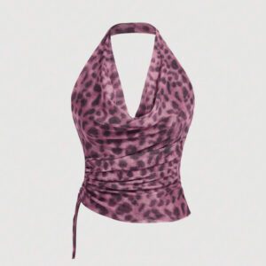 Aveloria Affinna Vintage Random Leopard Print Mesh Fabric Swing Neck Asymmetric Ruched Slim Sexy Halter Top For Women 