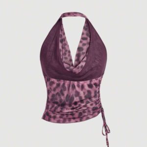 Aveloria Affinna Vintage Random Leopard Print Mesh Fabric Swing Neck Asymmetric Ruched Slim Sexy Halter Top For Women 