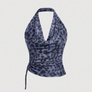 Aveloria Affinna Vintage Random Leopard Print Mesh Fabric Swing Neck Asymmetric Ruched Slim Sexy Halter Top For Women 