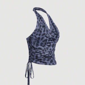 Aveloria Affinna Vintage Random Leopard Print Mesh Fabric Swing Neck Asymmetric Ruched Slim Sexy Halter Top For Women 
