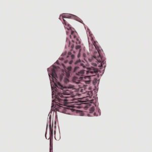Aveloria Affinna Vintage Random Leopard Print Mesh Fabric Swing Neck Asymmetric Ruched Slim Sexy Halter Top For Women 