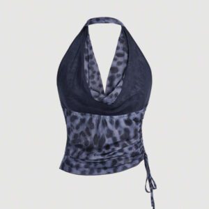 Aveloria Affinna Vintage Random Leopard Print Mesh Fabric Swing Neck Asymmetric Ruched Slim Sexy Halter Top For Women 