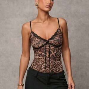 SHEIN BAE Summer Beach Vacation Bow Sexy See-Through Leopard Print Tops Daily Travel Leopard Print Tops Dating Tops Party Tops School Party Tops Festival Tops Birthday Tops Evening Tops Women's Tops Tank Top Office Tops Commuter Tops Work Wear Campus Tops Valentine's Day Outfits Nashville Outfits Summer Outfits For Women//Spring Clothes//Valentine's Day Outfit/Carnaval/Beach Vacation Outits