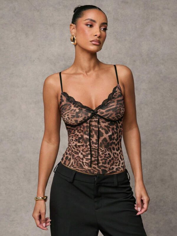 SHEIN BAE Summer Beach Vacation Bow Sexy See-Through Leopard Print Tops Daily Travel Leopard Print Tops Dating Tops Party Tops School Party Tops Festival Tops Birthday Tops Evening Tops Women's Tops Tank Top Office Tops Commuter Tops Work Wear Campus Tops Valentine's Day Outfits Nashville Outfits Summer Outfits For Women//Spring Clothes//Valentine's Day Outfit/Carnaval/Beach Vacation Outits – Image 4
