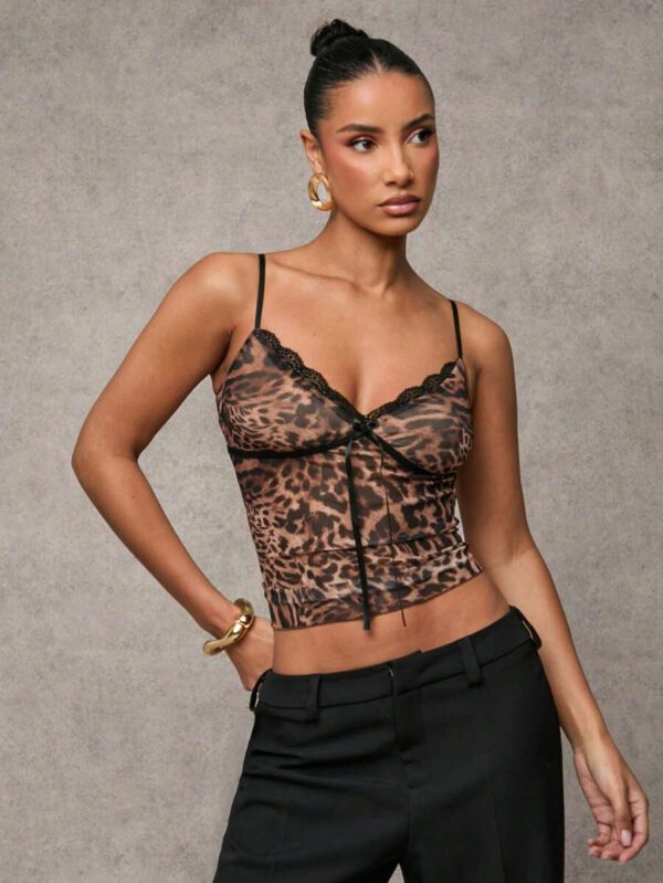 SHEIN BAE Summer Beach Vacation Bow Sexy See-Through Leopard Print Tops Daily Travel Leopard Print Tops Dating Tops Party Tops School Party Tops Festival Tops Birthday Tops Evening Tops Women's Tops Tank Top Office Tops Commuter Tops Work Wear Campus Tops Valentine's Day Outfits Nashville Outfits Summer Outfits For Women//Spring Clothes//Valentine's Day Outfit/Carnaval/Beach Vacation Outits – Image 5