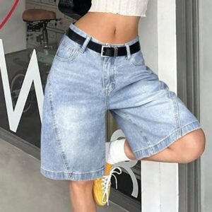 Women Summer Denim Jorts Vintage Cat Whisker Washed Loose Straight Slant Pockets Daily Wear Bermuda Knee-Length Shorts