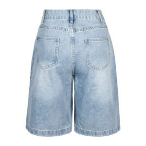 Women Summer Denim Jorts Vintage Cat Whisker Washed Loose Straight Slant Pockets Daily Wear Bermuda Knee-Length Shorts