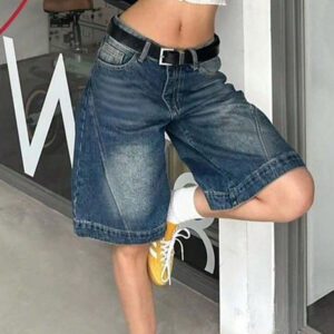 Women Summer Denim Jorts Vintage Cat Whisker Washed Loose Straight Slant Pockets Daily Wear Bermuda Knee-Length Shorts