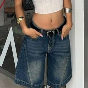 Women Summer Denim Jorts Vintage Cat Whisker Washed Loose Straight Slant Pockets Daily Wear Bermuda Knee-Length Shorts
