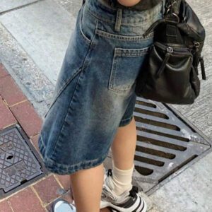 Women Summer Denim Jorts Vintage Cat Whisker Washed Loose Straight Slant Pockets Daily Wear Bermuda Knee-Length Shorts