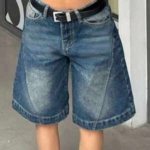 Women Summer Denim Jorts Vintage Cat Whisker Washed Loose Straight Slant Pockets Daily Wear Bermuda Knee-Length Shorts