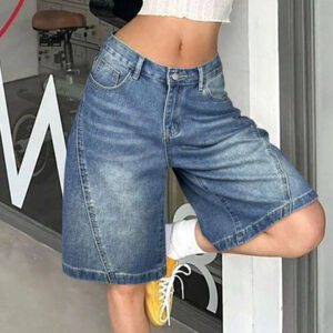 Women Summer Denim Jorts Vintage Cat Whisker Washed Loose Straight Slant Pockets Daily Wear Bermuda Knee-Length Shorts