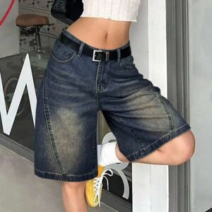 Women Summer Denim Jorts Vintage Cat Whisker Washed Loose Straight Slant Pockets Daily Wear Bermuda Knee-Length Shorts