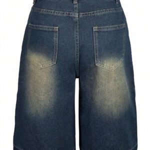 Women Summer Denim Jorts Vintage Cat Whisker Washed Loose Straight Slant Pockets Daily Wear Bermuda Knee-Length Shorts