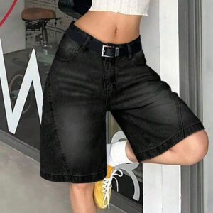 Women Summer Denim Jorts Vintage Cat Whisker Washed Loose Straight Slant Pockets Daily Wear Bermuda Knee-Length Shorts
