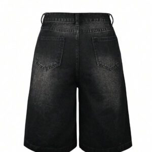 Women Summer Denim Jorts Vintage Cat Whisker Washed Loose Straight Slant Pockets Daily Wear Bermuda Knee-Length Shorts