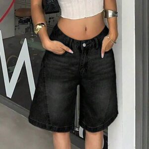 Women Summer Denim Jorts Vintage Cat Whisker Washed Loose Straight Slant Pockets Daily Wear Bermuda Knee-Length Shorts